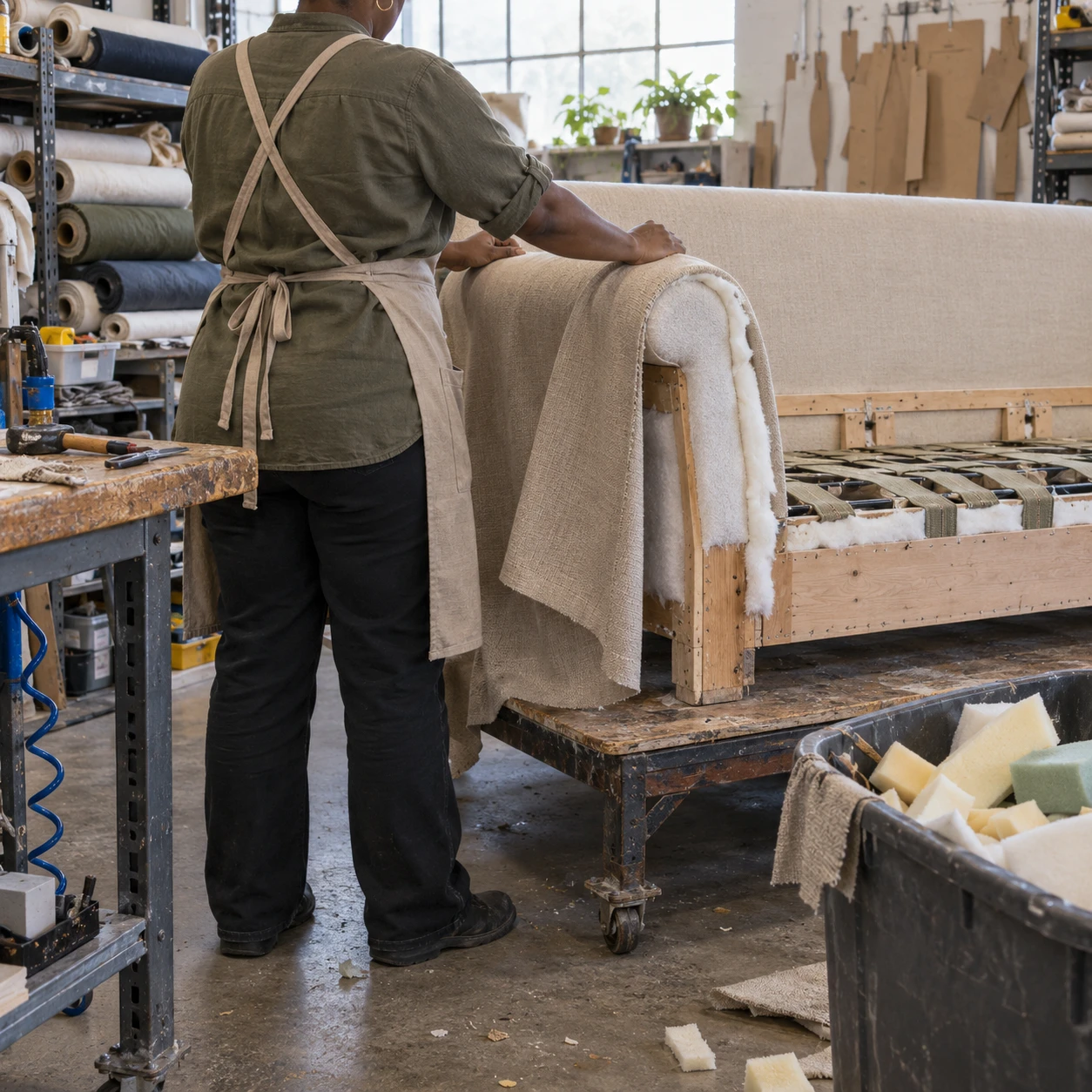 An upholsterer in a linen apron shaping the padded arm of a sofa in the workshop