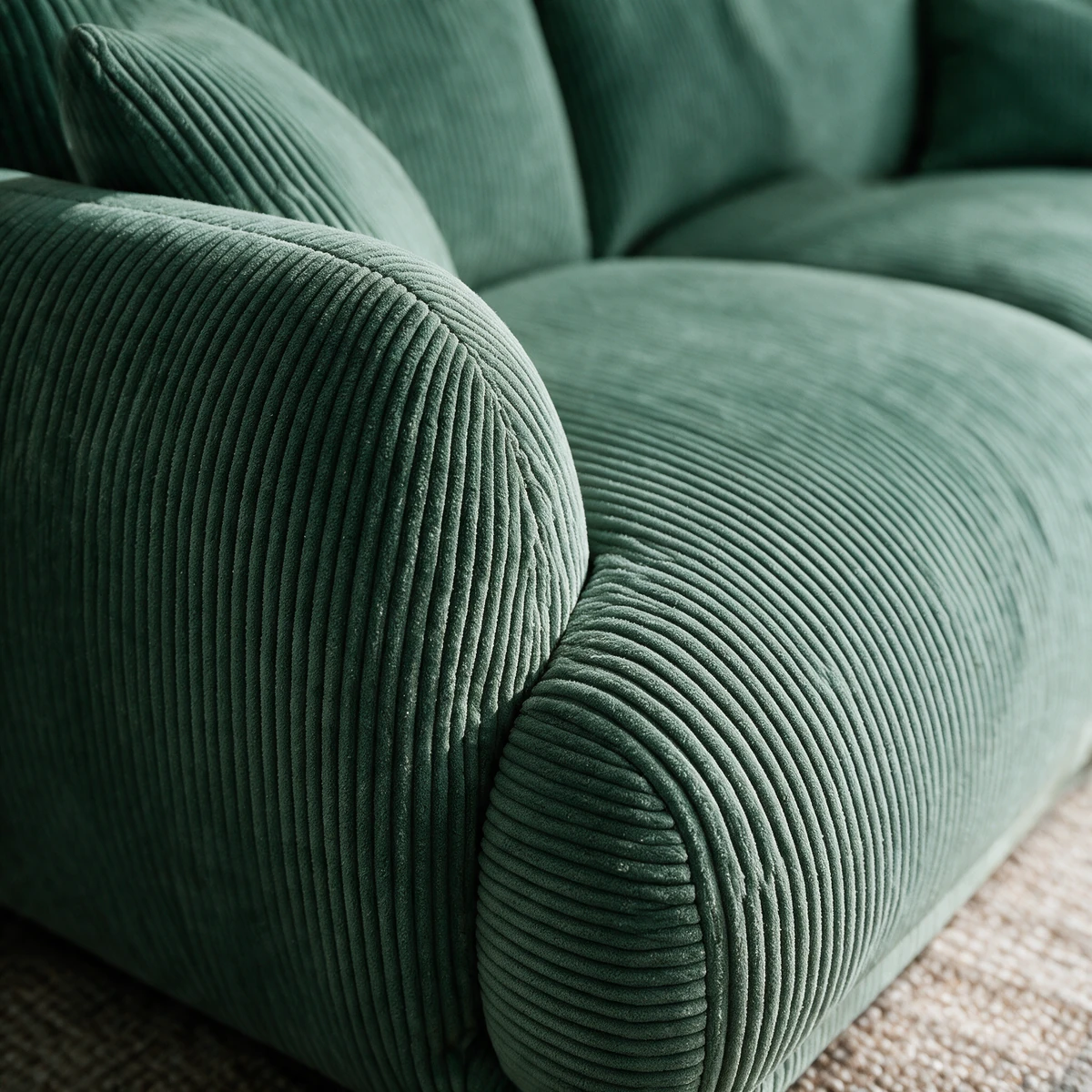 Close-up of the rounded arm of a Forest green fine corduroy 2-seater, with soft ribs and a matching cushion