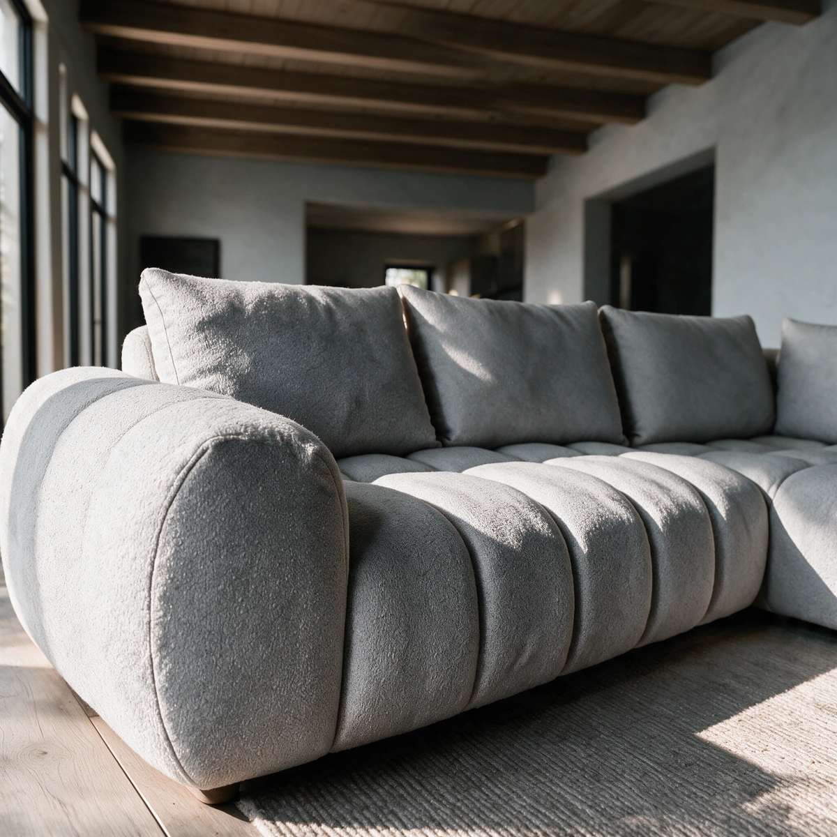 Doudou in Grey, close-up of its rounded seat blocks and soft back cushions